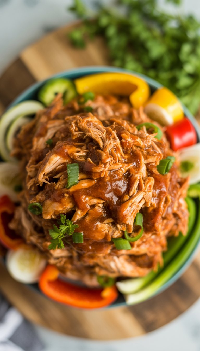 A bowl of brown sugar BBQ pulled chicken with fresh vegetables on a rustic wooden surface.