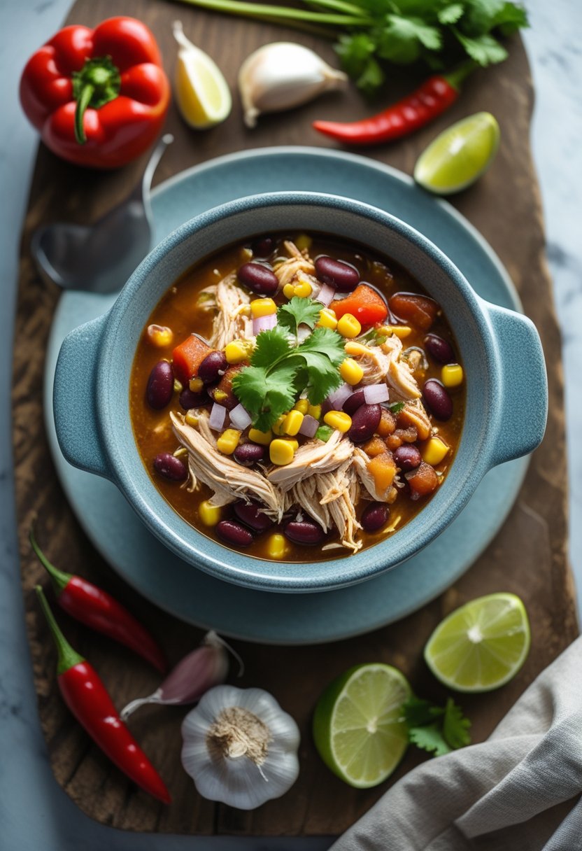 A bowl of slow cooker chicken chili with beans, tomatoes, corn, and cilantro on a rustic surface surrounded by fresh ingredients.