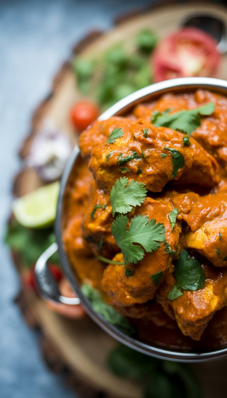 A bowl of Chicken Tikka Masala with fresh herbs and spices on a rustic wooden surface.