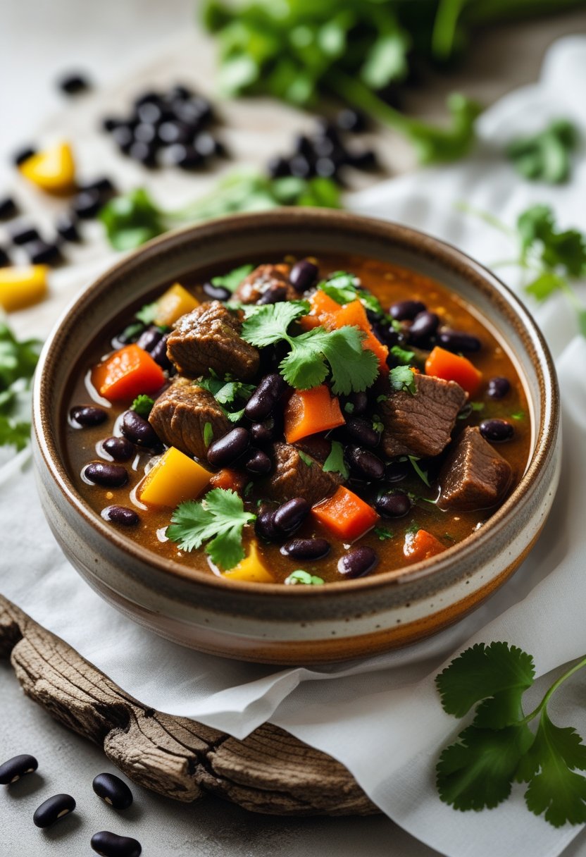 A bowl of beef and black bean stew with fresh herbs and vegetables on a rustic wood surface.