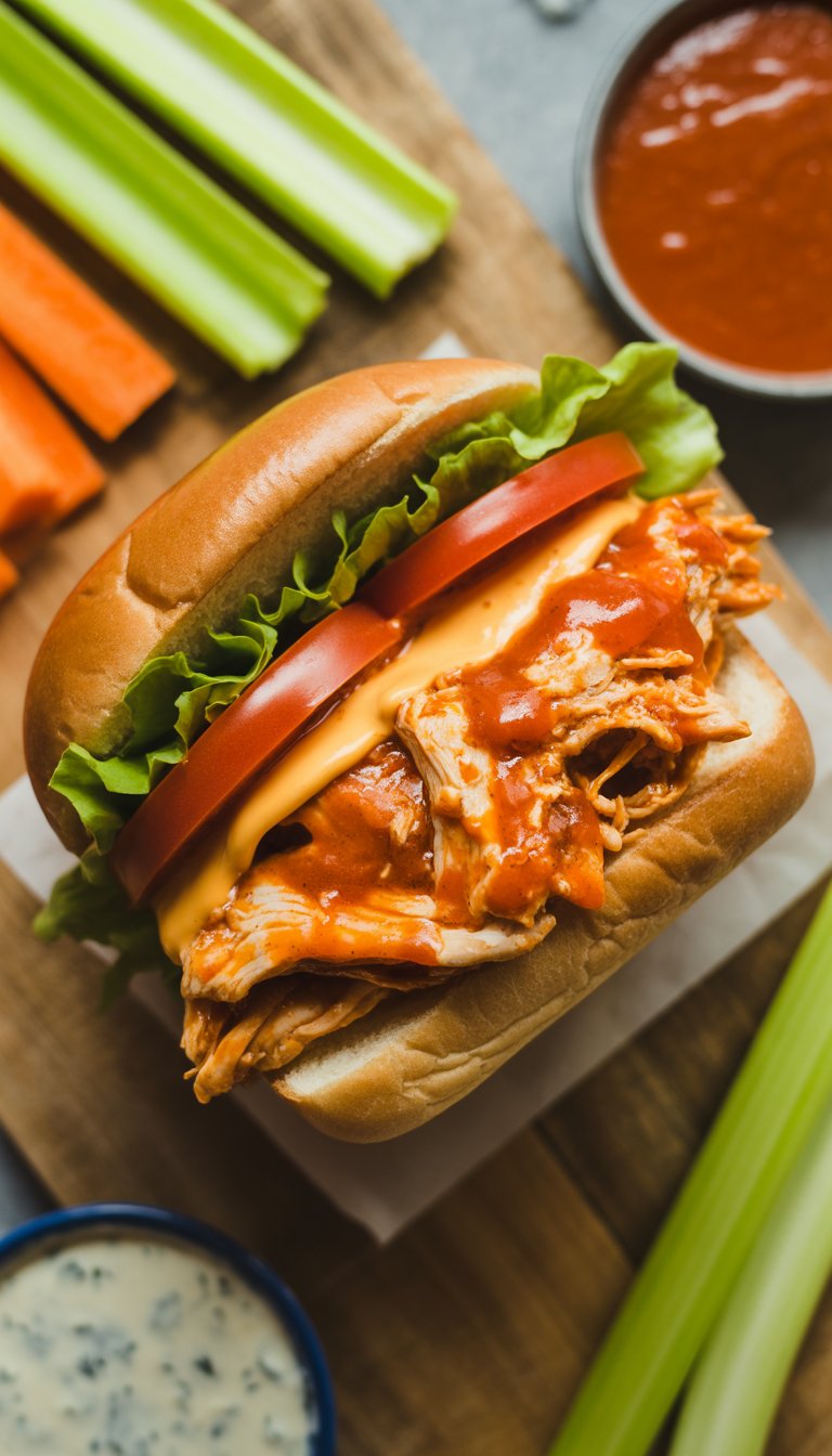 A close-up of a buffalo chicken sandwich with fresh lettuce, tomato, and melted cheese on a toasted bun, served with celery and carrot sticks and small bowls of dipping sauces on a wooden surface.