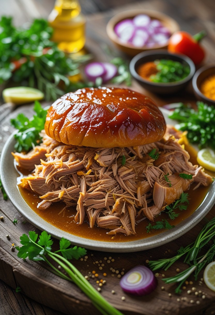 A close-up of a pulled pork shoulder dish on a rustic wooden surface surrounded by fresh herbs and vegetables.