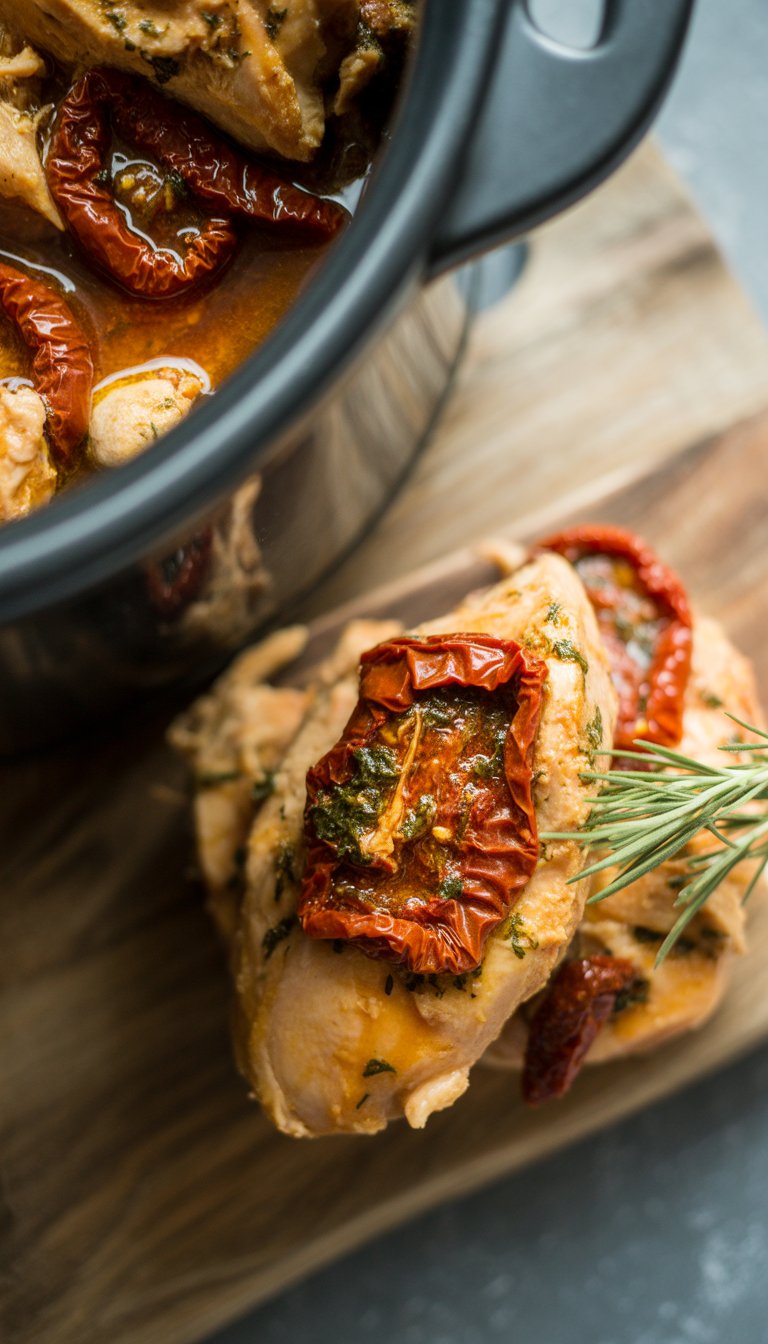 A bowl of Tuscan slow cooker chicken with sun-dried tomatoes and fresh herbs on a rustic wooden surface.