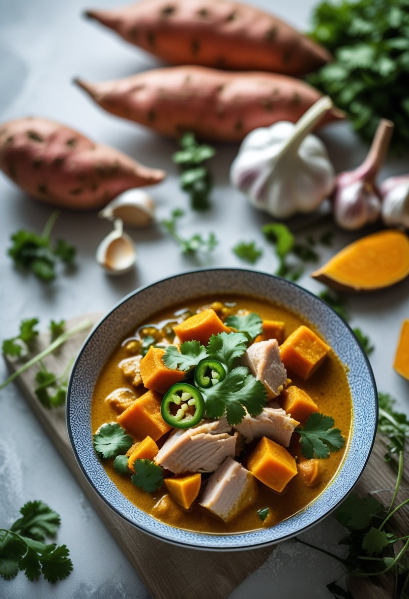 A bowl of turkey and sweet potato curry garnished with fresh herbs, placed on a rustic surface surrounded by fresh ingredients.