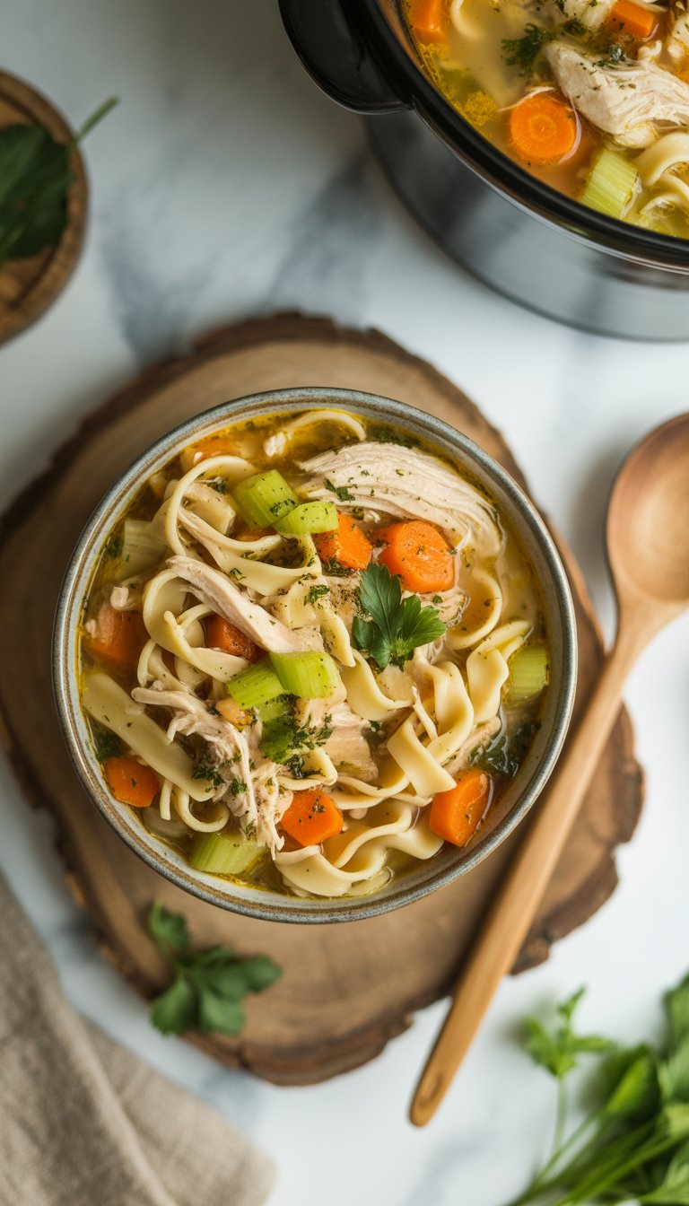 A bowl of chicken noodle soup with noodles, chicken, carrots, celery, and herbs on a rustic surface with fresh ingredients around it.