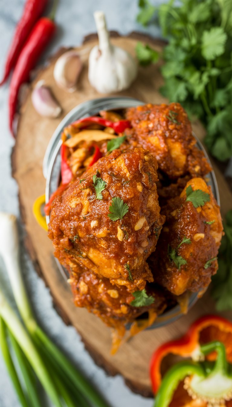 A bowl of sweet and spicy slow cooker chicken with fresh herbs and vegetables on a rustic surface.