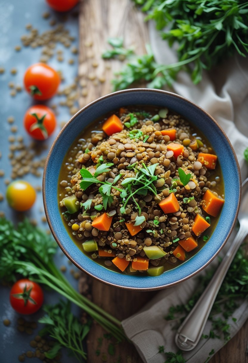 A bowl of lentil and quinoa stew with fresh vegetables and herbs on a rustic wooden surface.