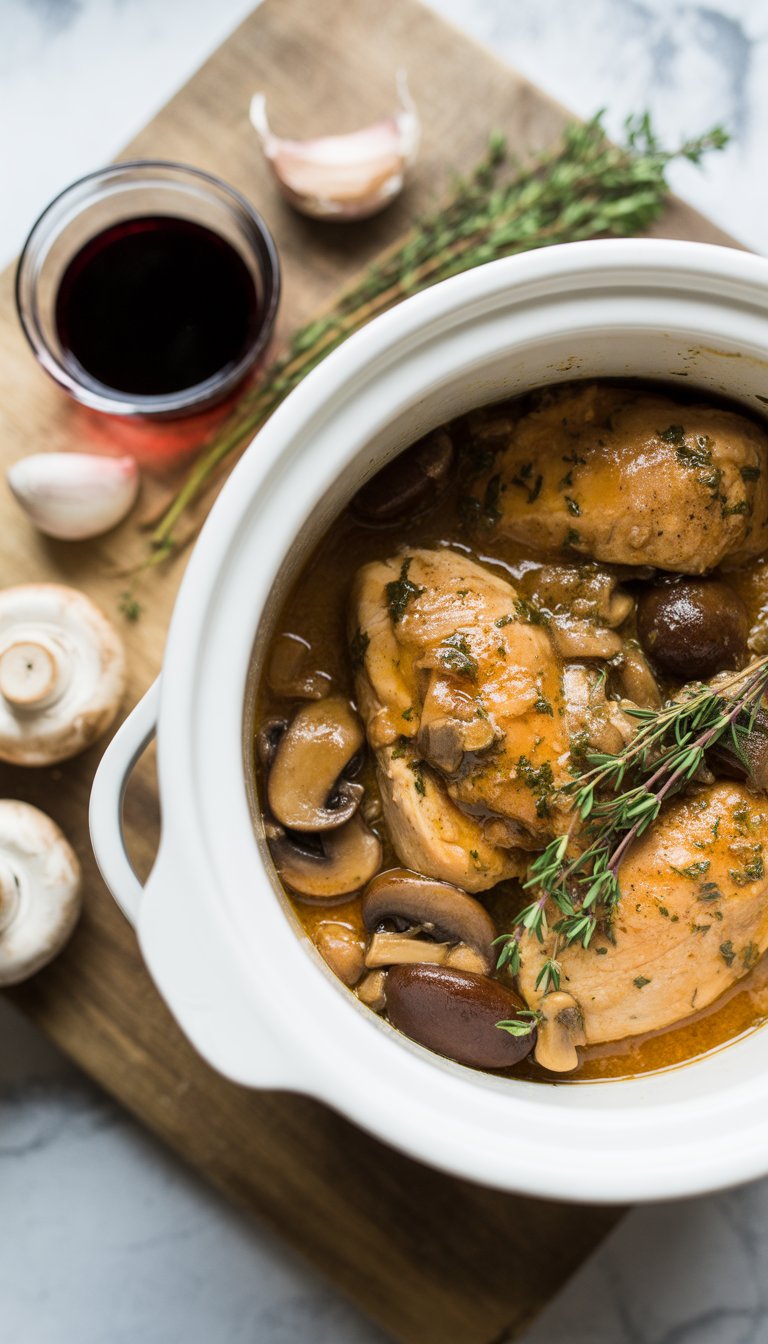 A bowl of Chicken Marsala with mushrooms and herbs on a rustic wooden surface, surrounded by fresh ingredients like mushrooms, garlic, and thyme.