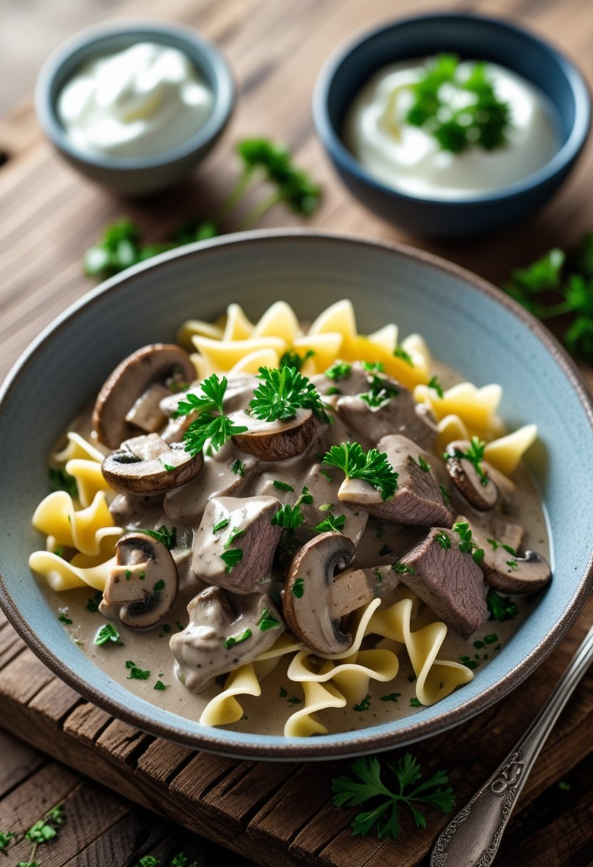 A bowl of slow cooker beef stroganoff with beef, mushroom sauce, parsley, and egg noodles on a rustic wood surface with fresh herbs and a spoon nearby.