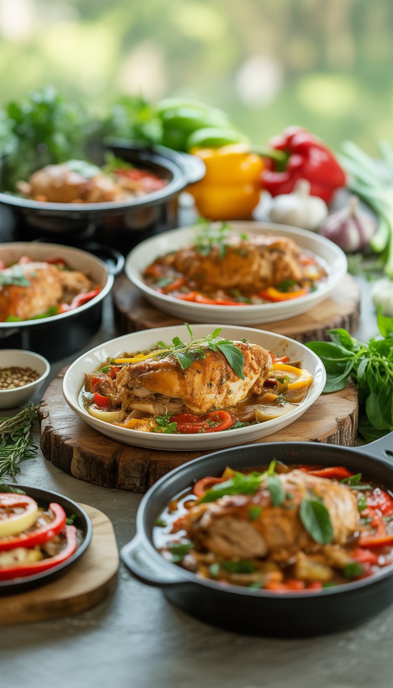 A variety of crockpot chicken dishes displayed with fresh ingredients on a rustic surface, with steam rising from the food.