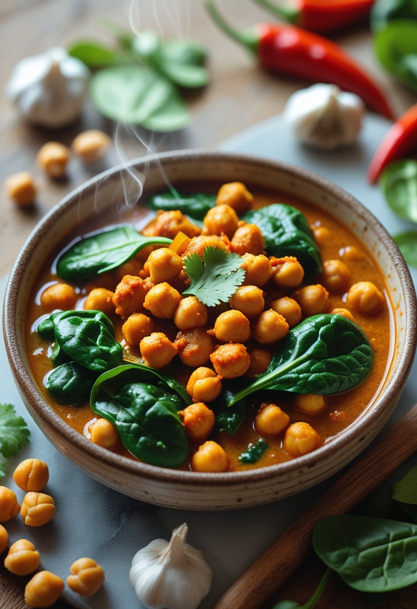 A bowl of spicy chickpea and spinach curry surrounded by fresh ingredients on a rustic surface.