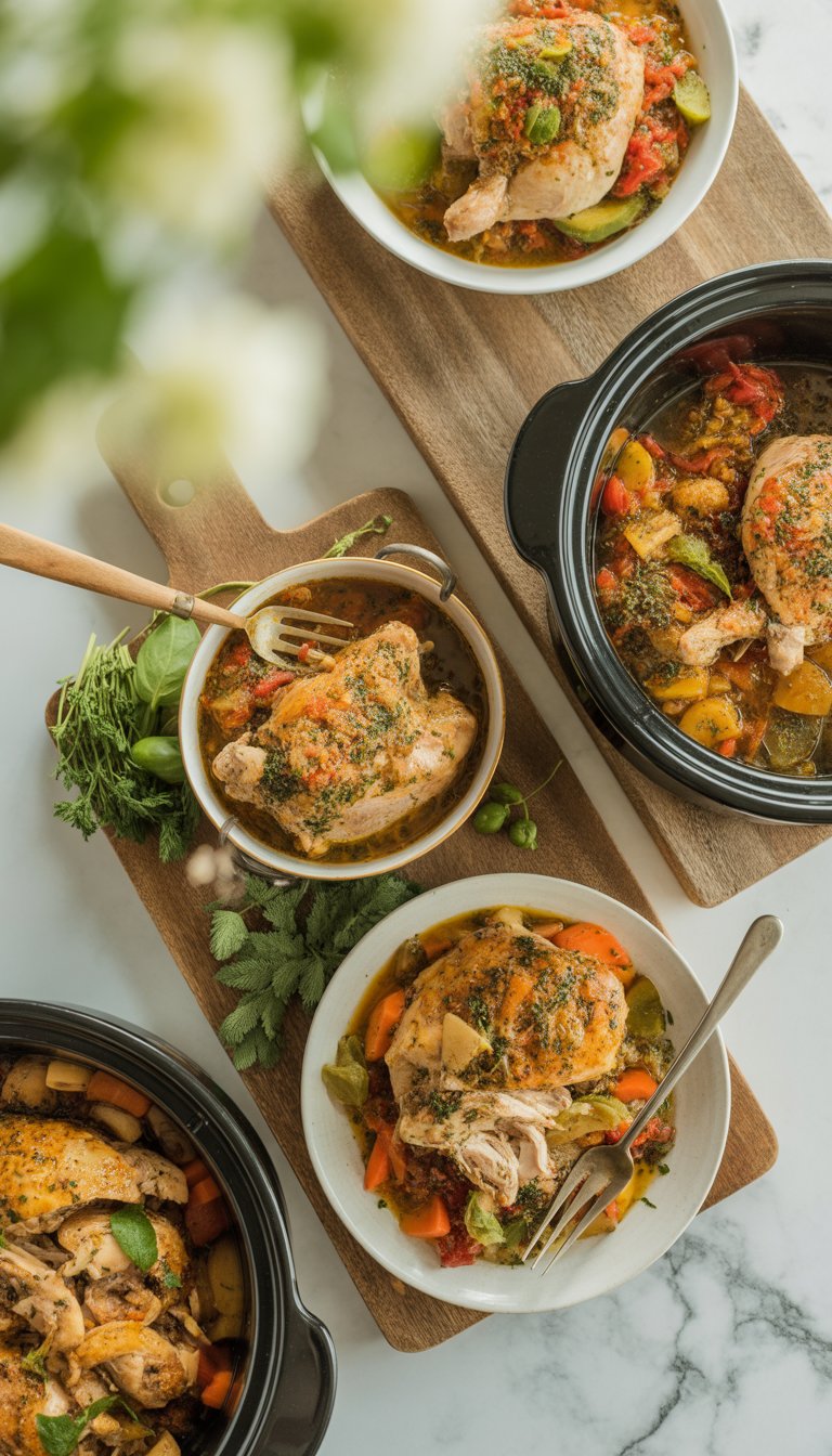A variety of cooked slow cooker chicken dishes served on rustic wood and marble surfaces with fresh herbs and vegetables around them.
