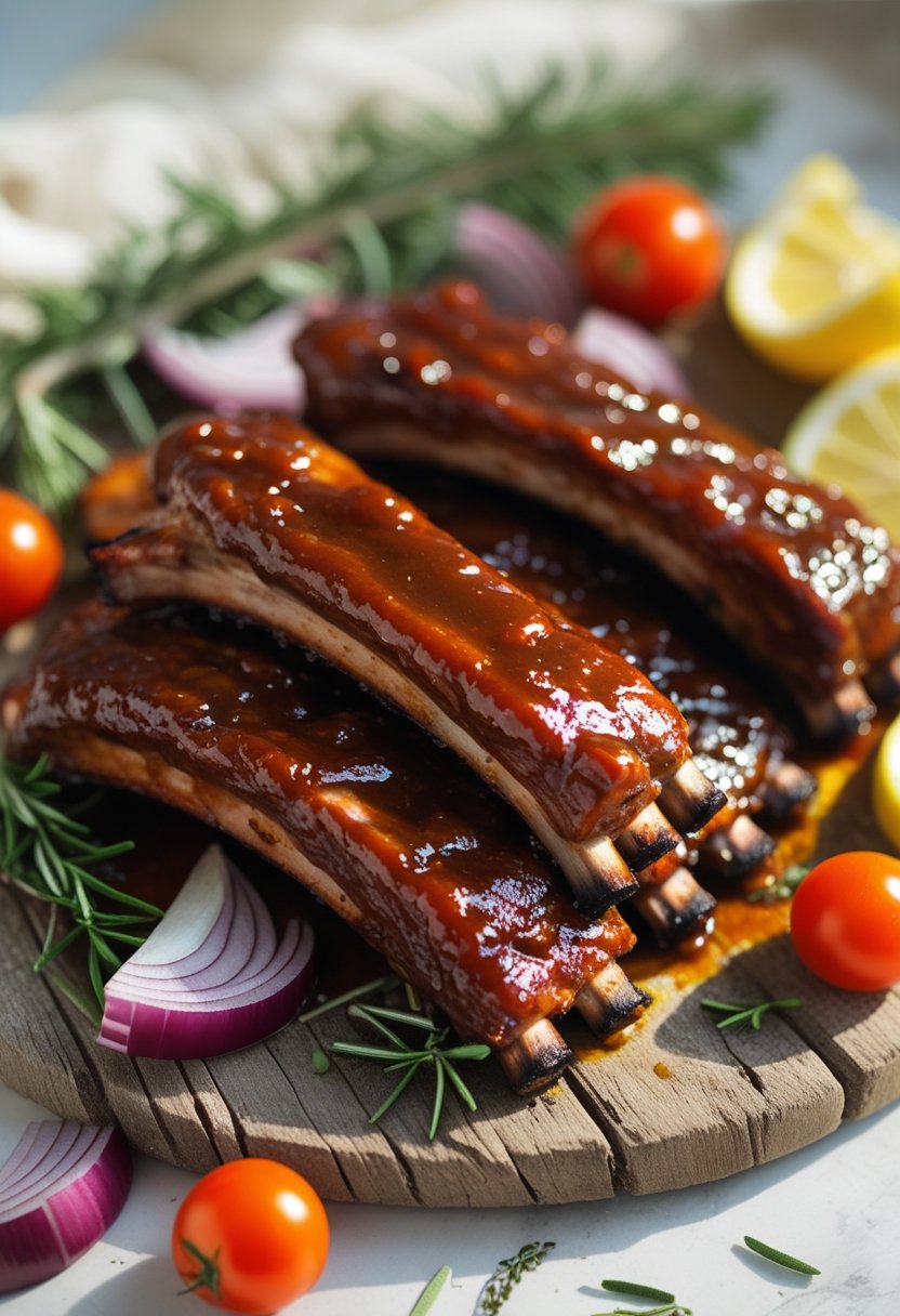 A serving of slow cooker BBQ ribs on a rustic surface, garnished with fresh herbs and vegetables.