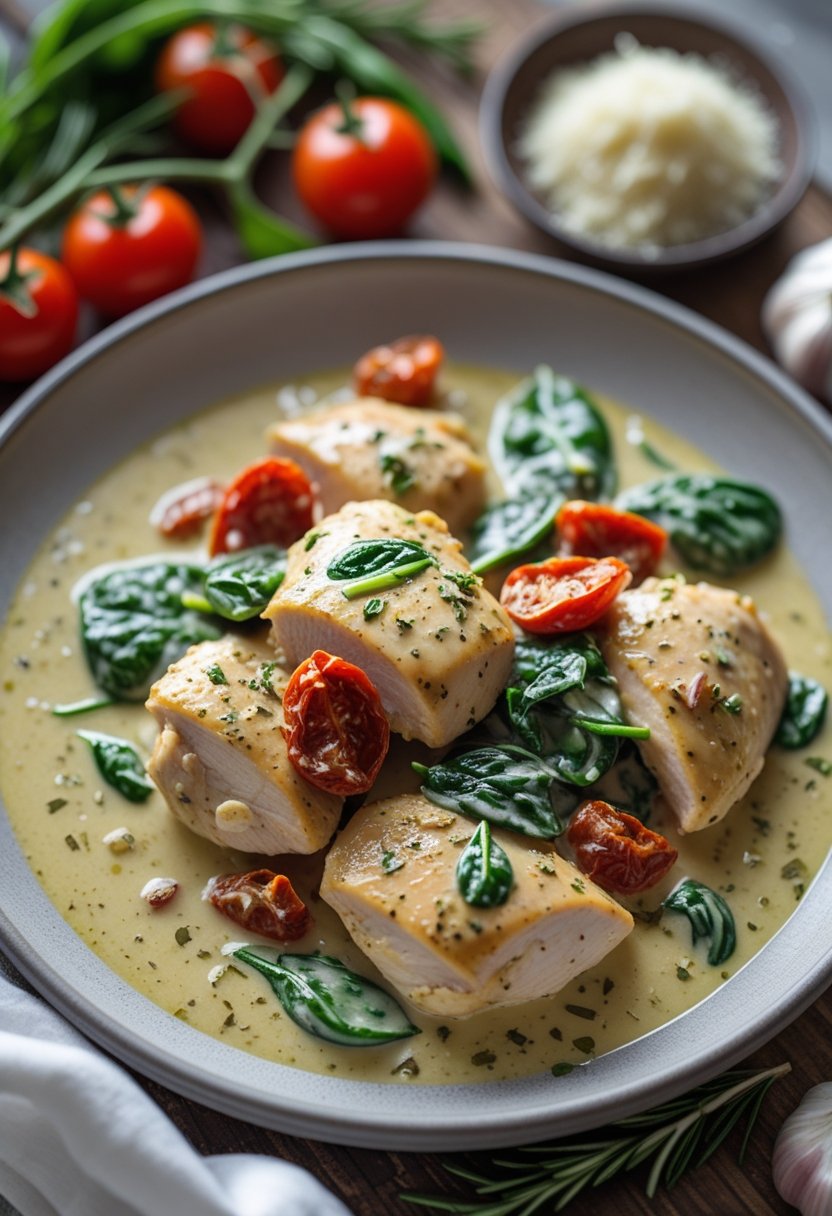A plate of creamy Tuscan garlic chicken with spinach and sun-dried tomatoes on a rustic surface, surrounded by fresh ingredients like garlic and herbs.