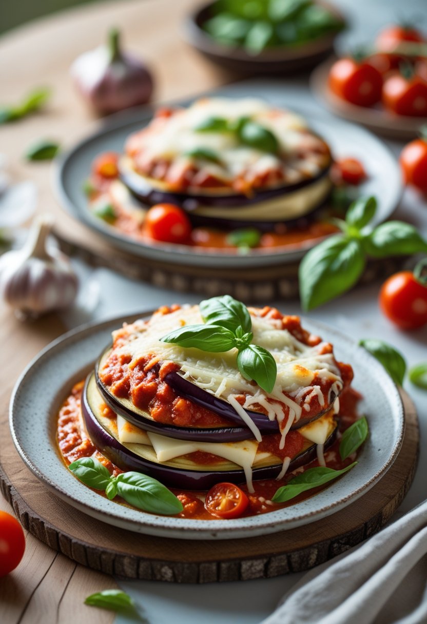 Close-up overhead view of a slow cooker eggplant parmesan dish with layers of eggplant, tomato sauce, and melted cheese on a rustic surface surrounded by fresh herbs and ingredients.