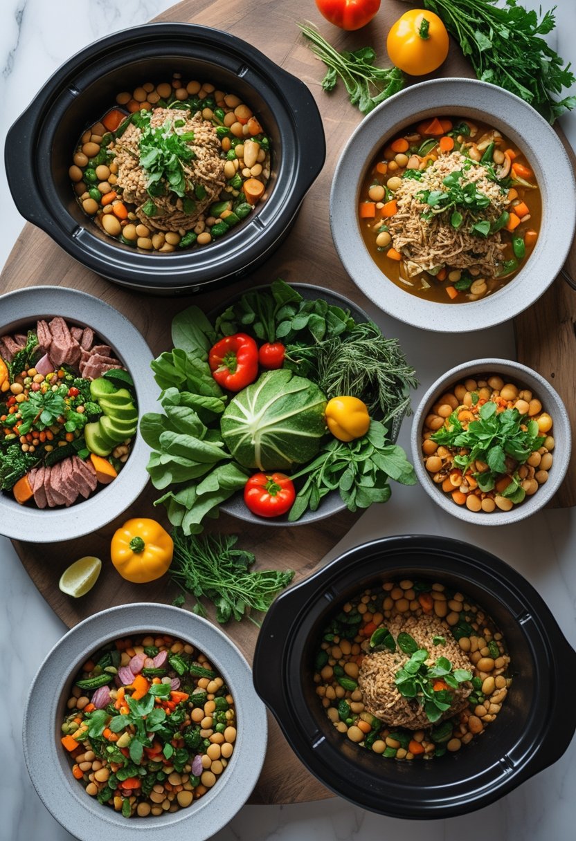 A variety of high-protein slow cooker meals with fresh vegetables and herbs arranged on a rustic surface.