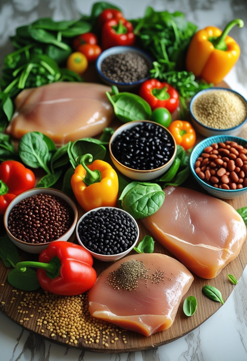 An overhead view of fresh high-protein ingredients including meats, beans, vegetables, and grains arranged on a rustic surface.