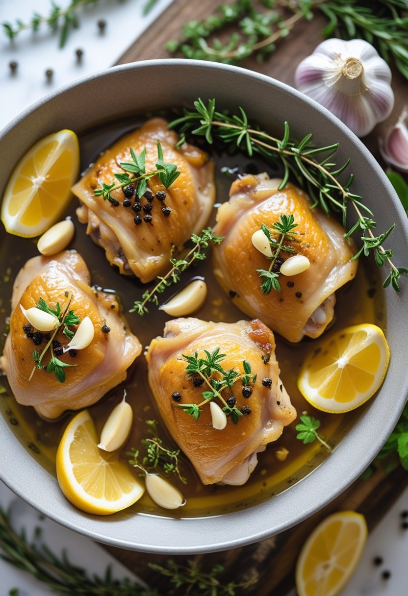 Close-up of cooked chicken thighs garnished with garlic and fresh herbs on a rustic surface, surrounded by fresh ingredients.