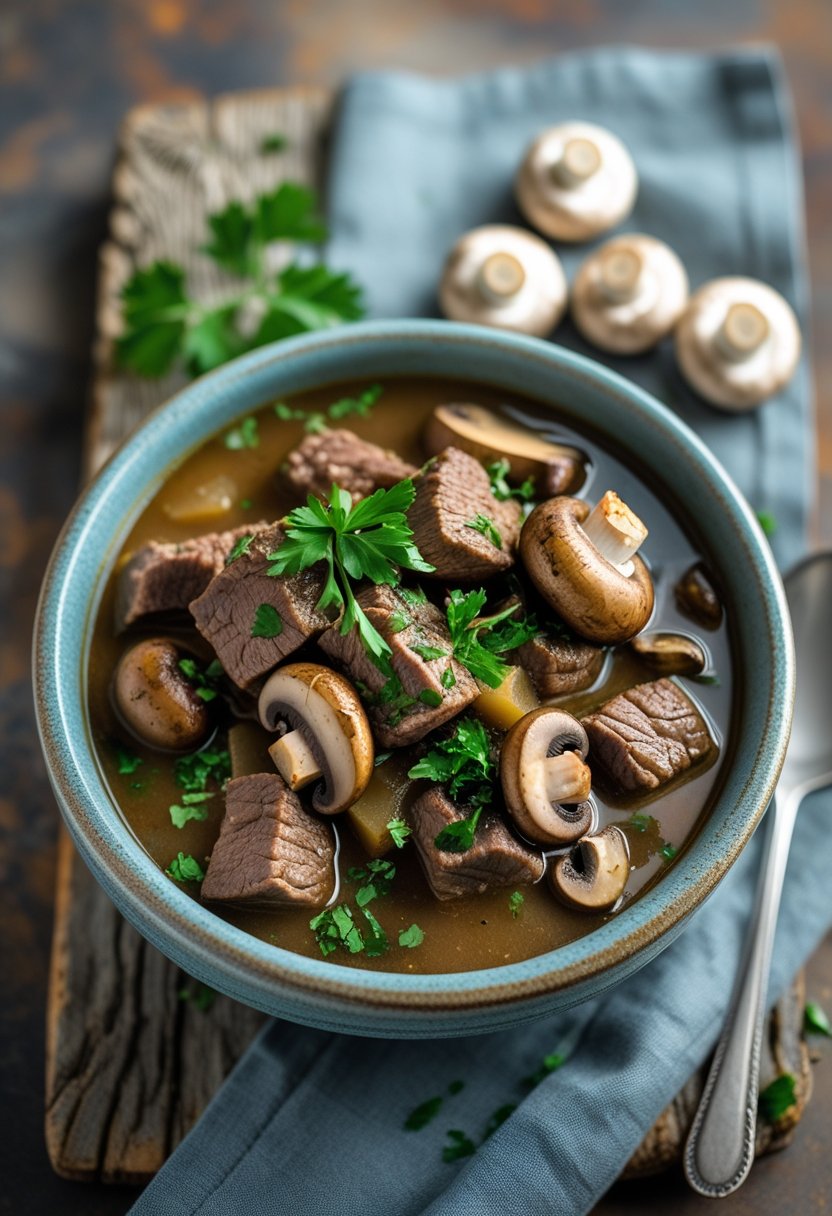 A bowl of beef and mushroom stew with fresh herbs on a rustic wood surface, surrounded by whole mushrooms and garnishes.