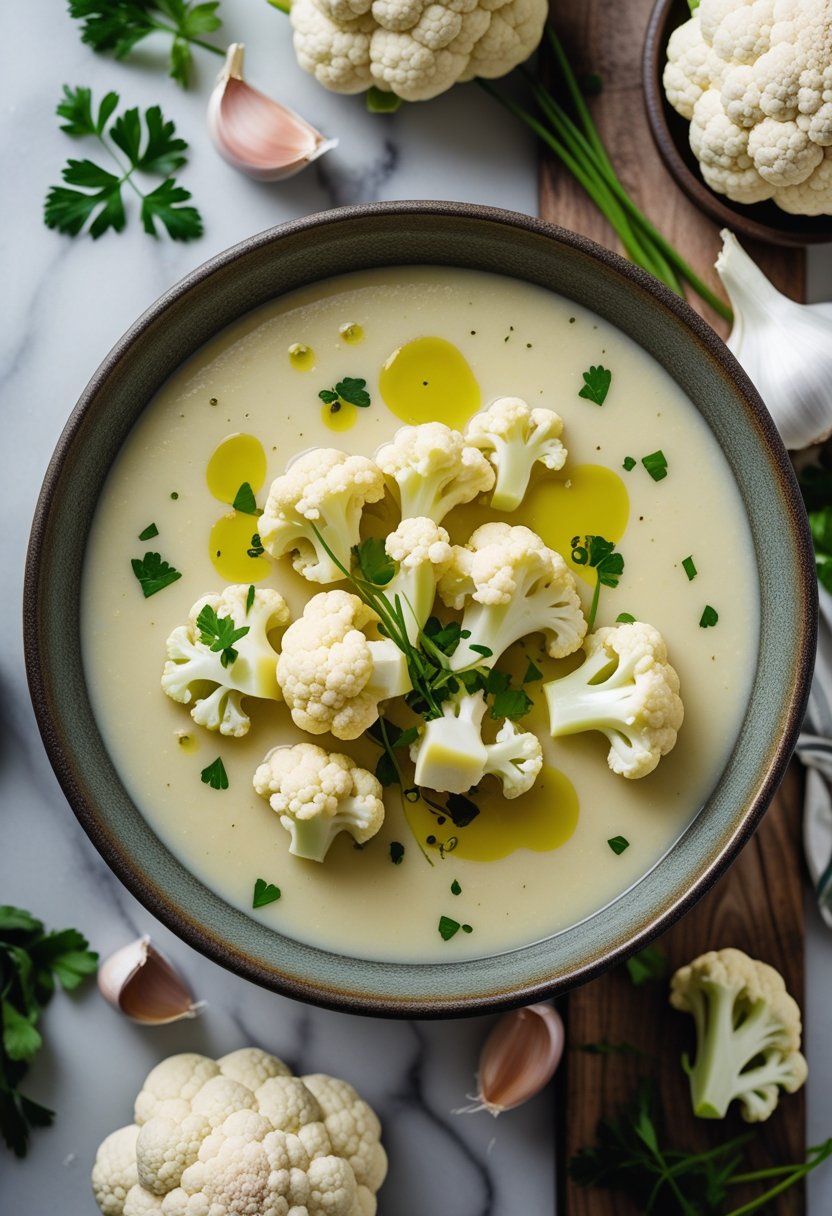 A bowl of creamy cauliflower soup garnished with fresh herbs on a wooden surface, surrounded by fresh cauliflower and garlic.