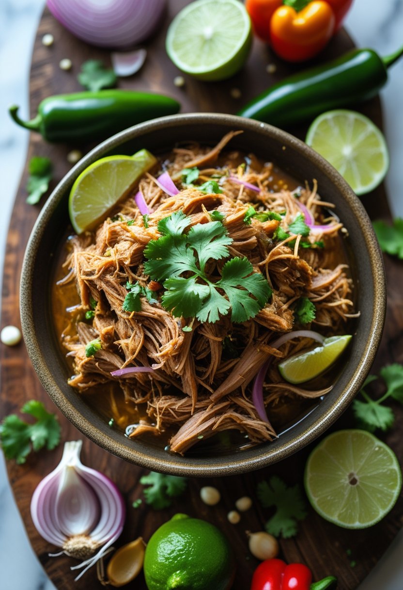 Overhead view of a bowl of slow cooker pork carnitas garnished with cilantro and lime wedges on a rustic surface, surrounded by fresh ingredients.