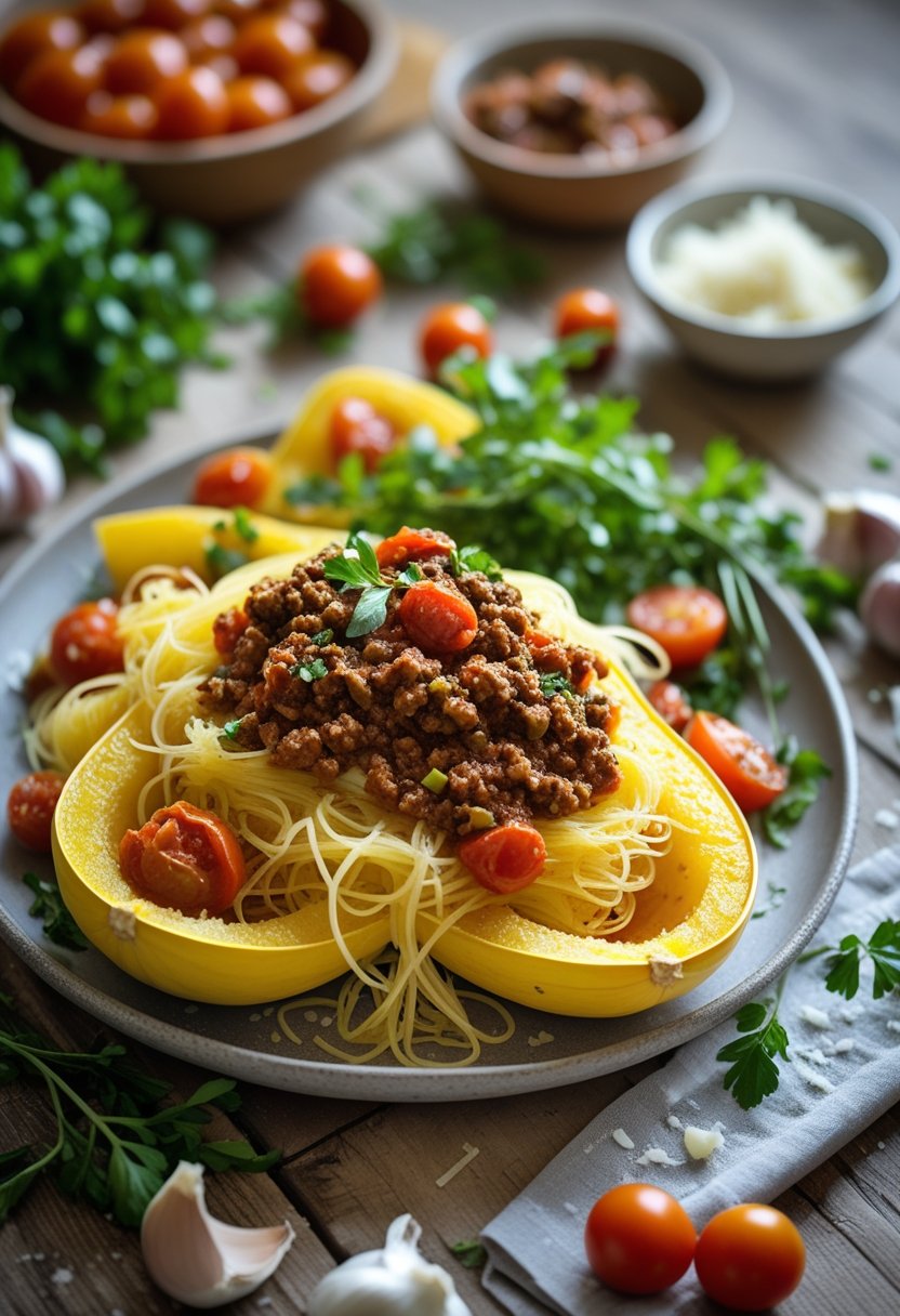 A bowl of spaghetti squash bolognese with fresh herbs and ingredients on a rustic surface.