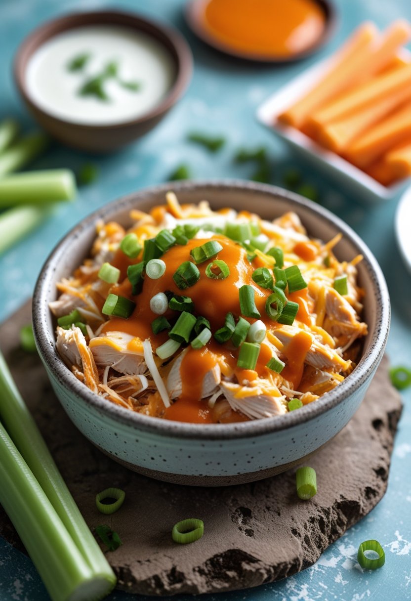 A bowl of buffalo chicken dip with shredded chicken and cheese on a rustic surface, surrounded by celery and carrot sticks.