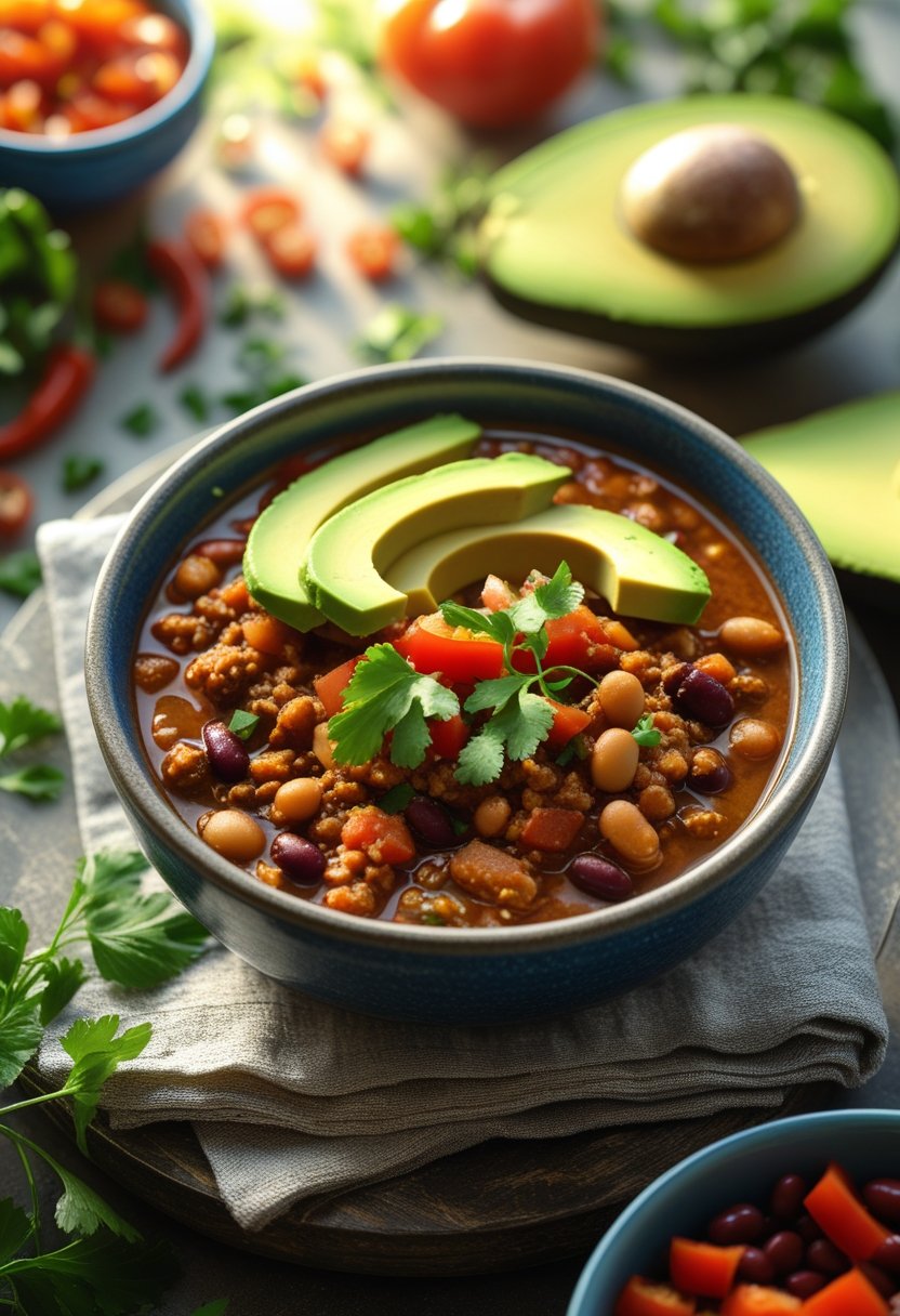 A bowl of turkey chili topped with avocado slices on a rustic surface, surrounded by fresh ingredients.
