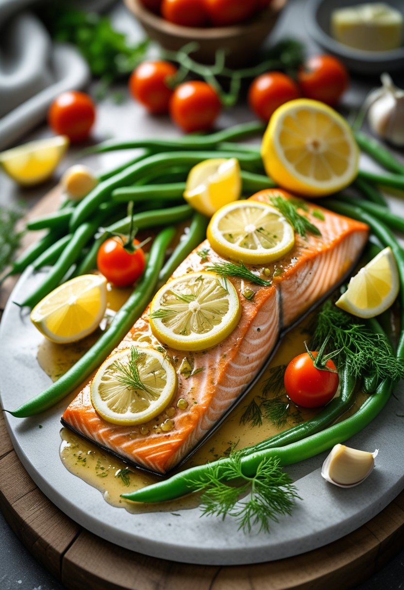 A cooked salmon fillet with lemon slices and fresh herbs on a rustic wooden surface surrounded by colorful vegetables.