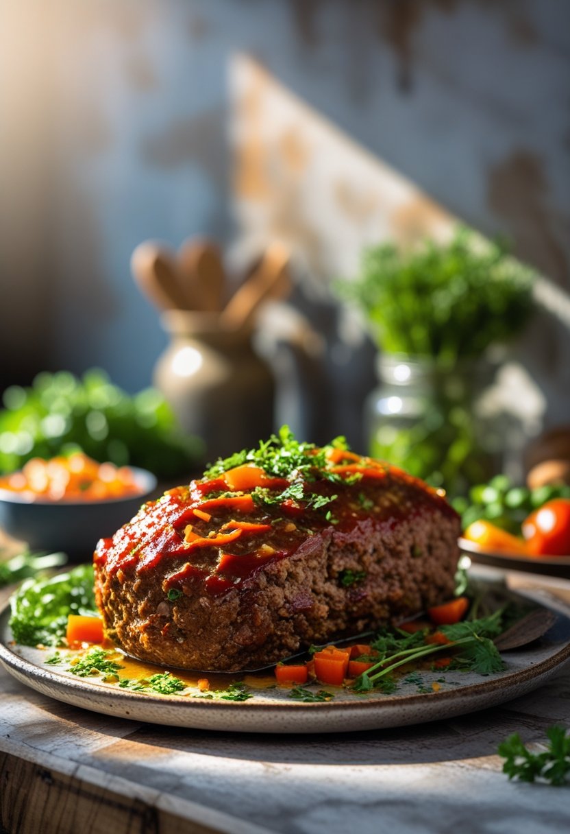 A cooked meatloaf on a rustic surface with fresh herbs and vegetables around it.