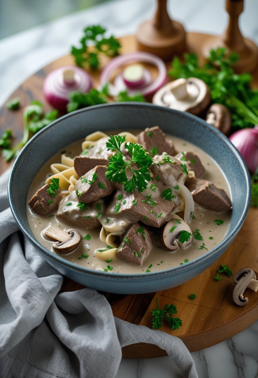 A bowl of beef stroganoff without noodles, with tender beef and creamy mushroom sauce, garnished with fresh parsley on a rustic surface surrounded by fresh ingredients.