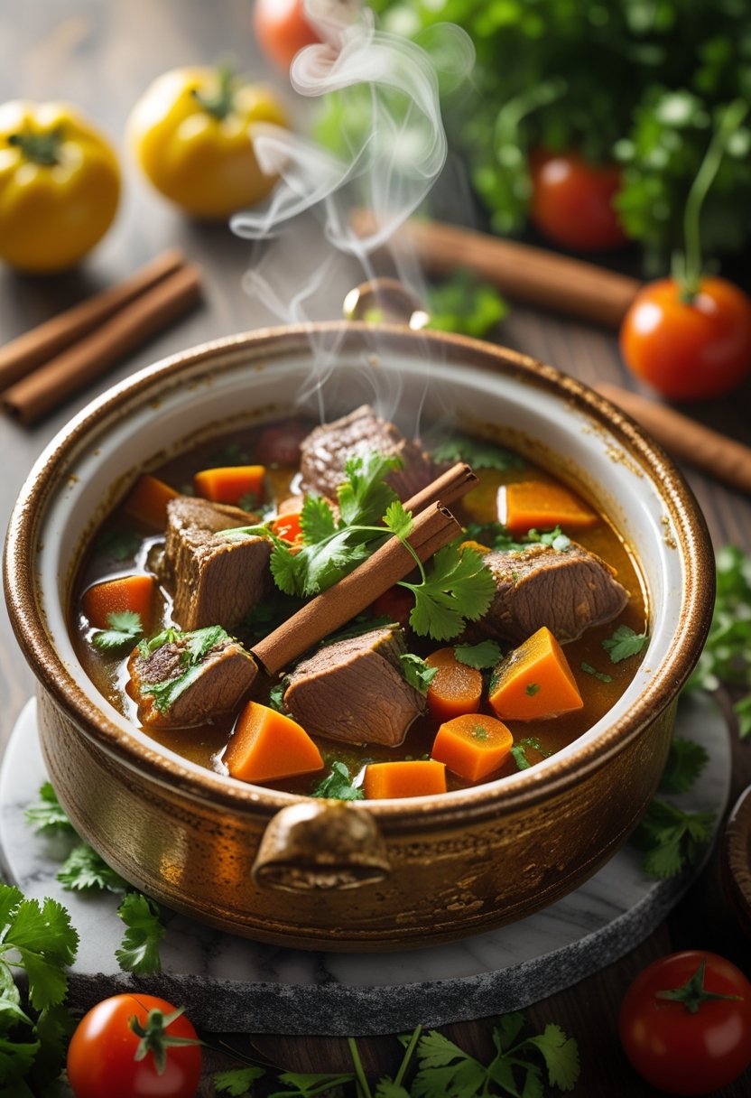 A bowl of Moroccan lamb tagine with vegetables and herbs on a rustic surface, surrounded by fresh ingredients.