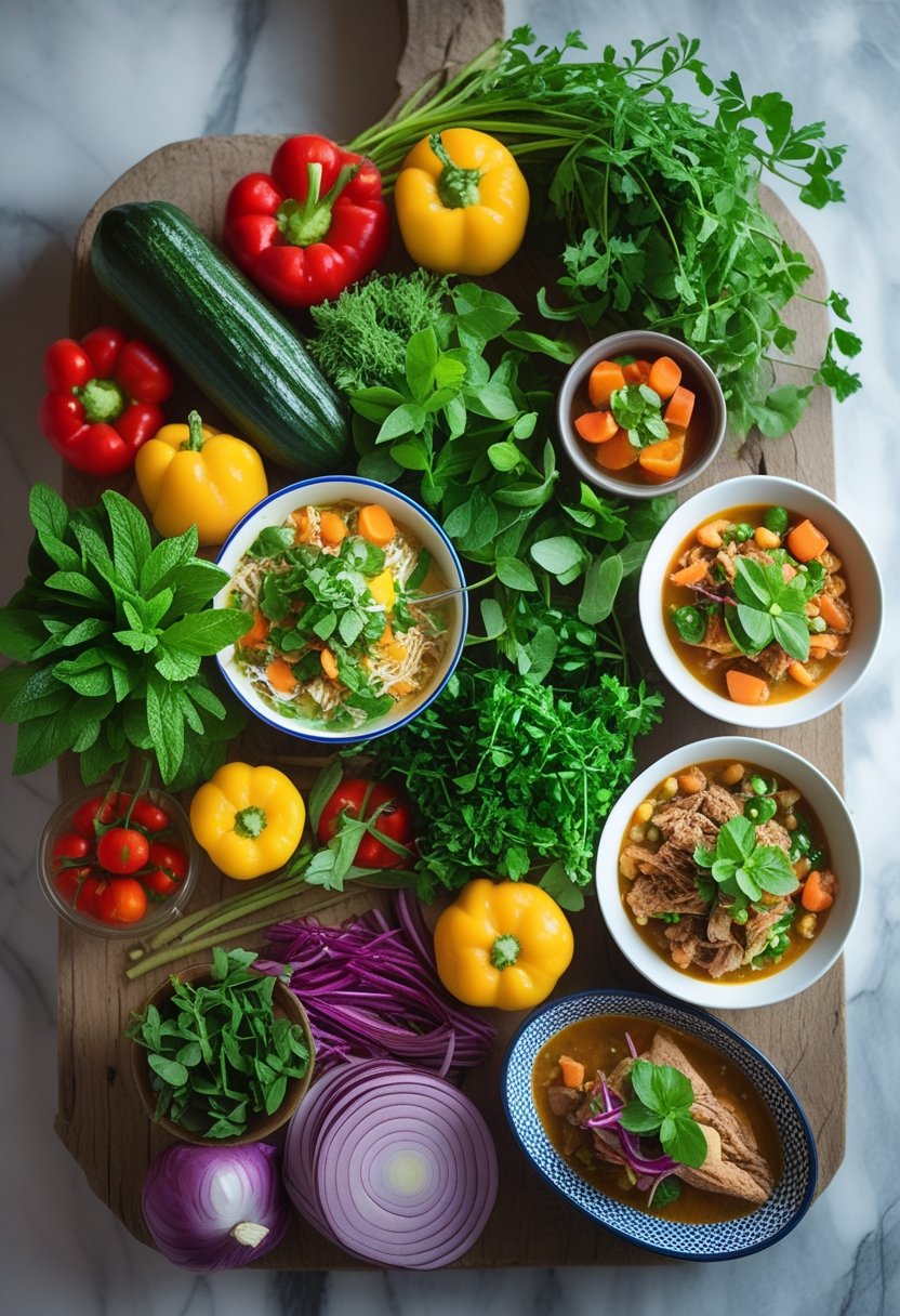 A top-down view of colorful fresh ingredients and slow cooker dishes arranged on a rustic surface with bright natural lighting.