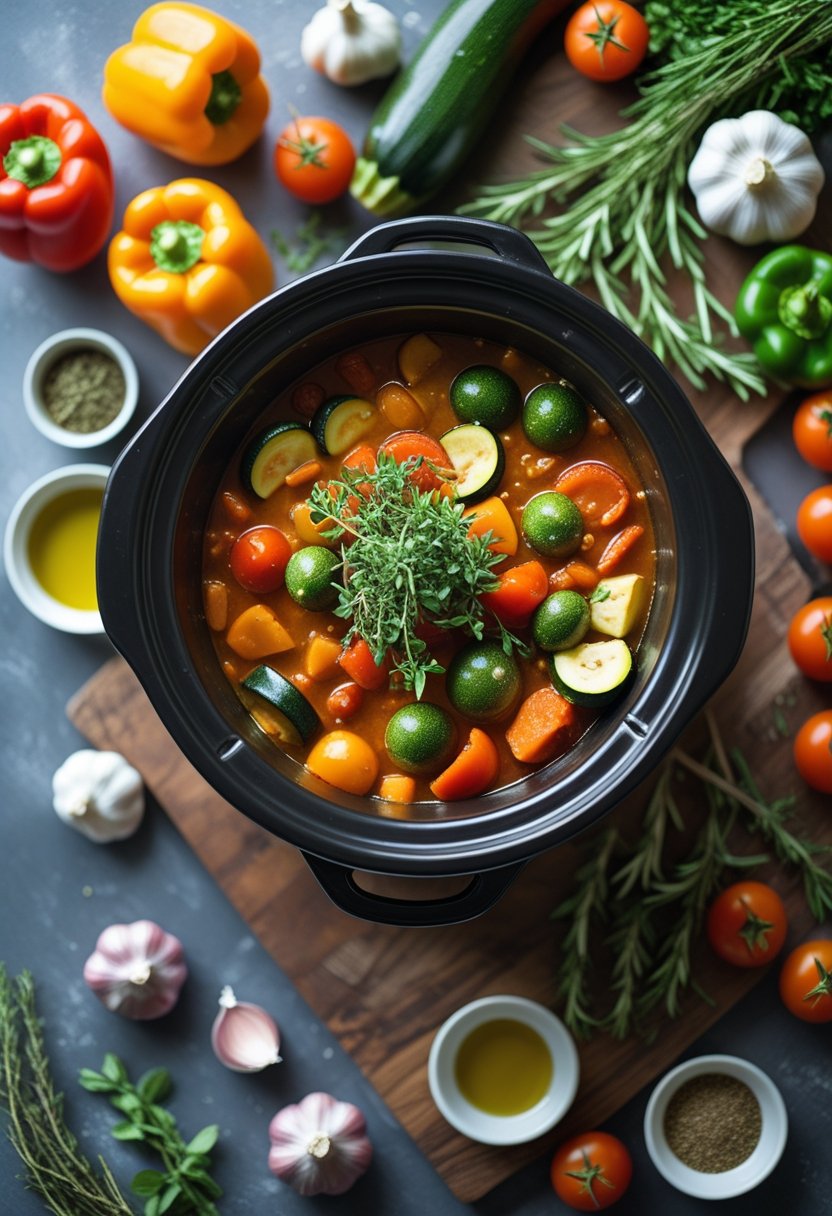 A slow cooker with a low carb stew surrounded by fresh vegetables and herbs on a rustic surface.