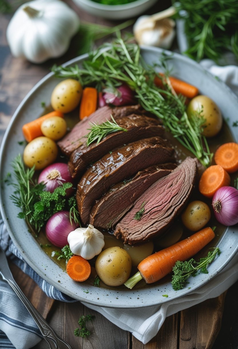 A plated slow cooker roast beef meal with fresh vegetables on a rustic surface.
