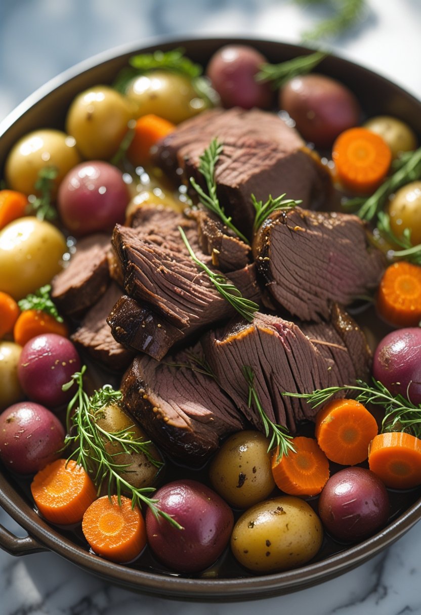A slow cooker pot roast with vegetables on a rustic surface, featuring roast beef, carrots, potatoes, and herbs.