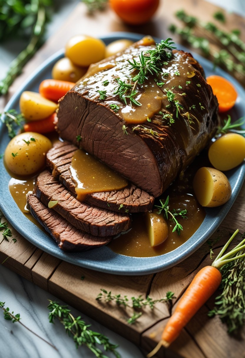 A slow cooker beef roast with homemade gravy served with fresh vegetables on a rustic wooden or marble surface.