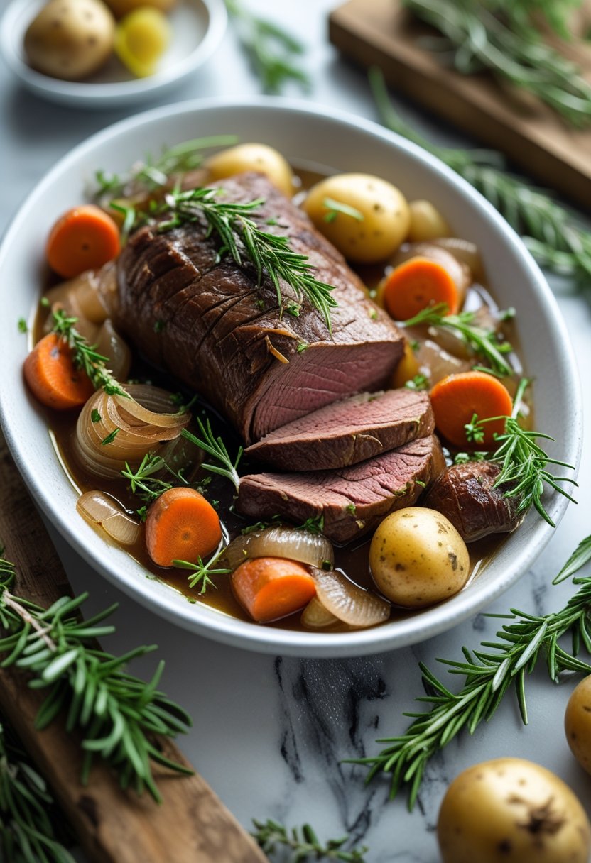 A plate of slow cooker pot roast with caramelized onions, carrots, and herbs on a rustic surface.
