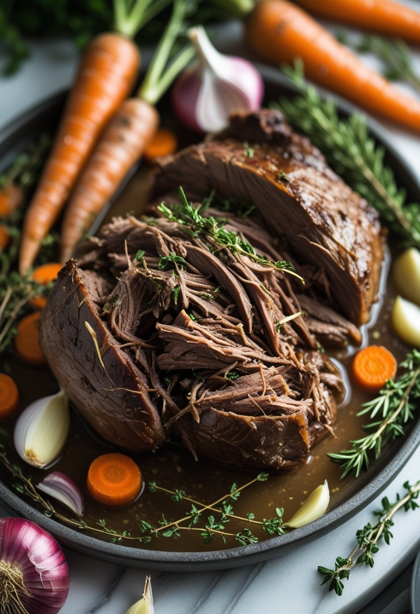 A close-up of a tender slow cooker chuck roast with fresh vegetables on a rustic surface.