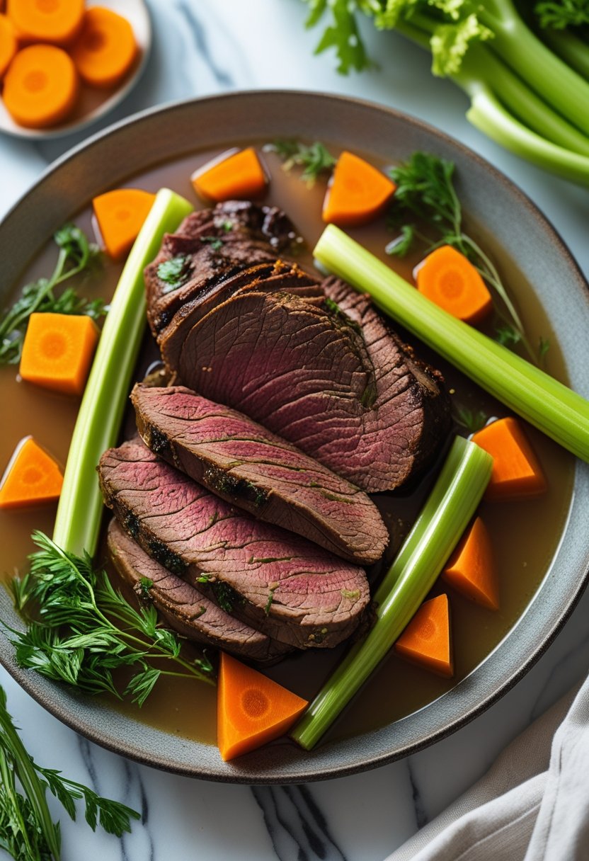 A plate of slow cooked roast beef with celery and carrots on a rustic surface.