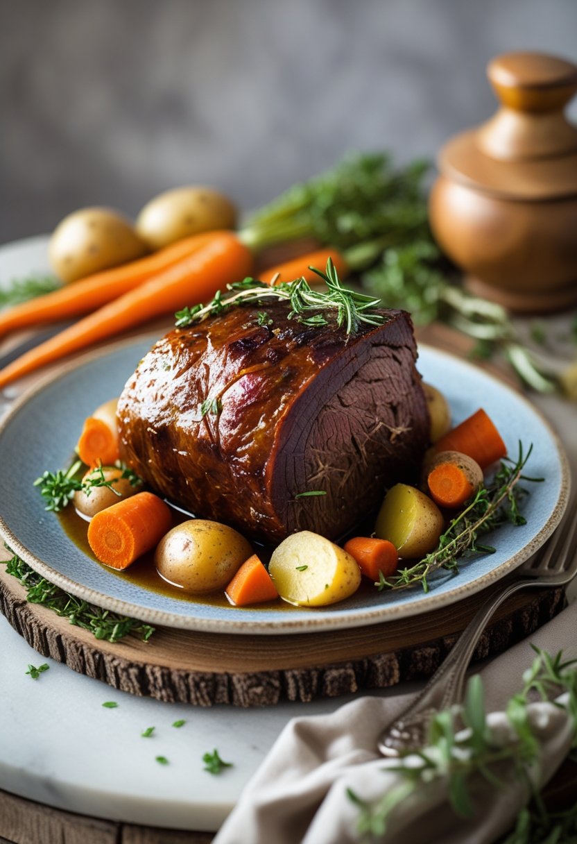 A slow cooker pot roast with carrots, potatoes, and herbs on a rustic surface, captured from above with a blurred background.