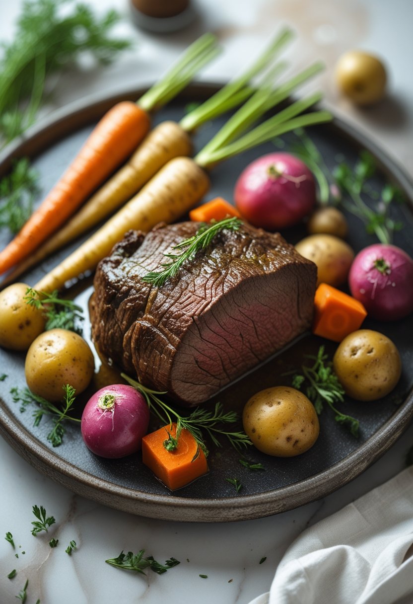 A slow cooker beef roast served with a colorful root vegetable medley on a rustic surface.