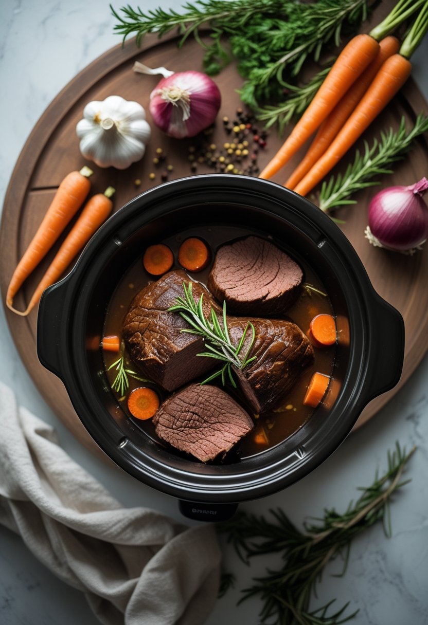 A slow cooker filled with roast beef surrounded by fresh vegetables and herbs on a rustic wooden surface.
