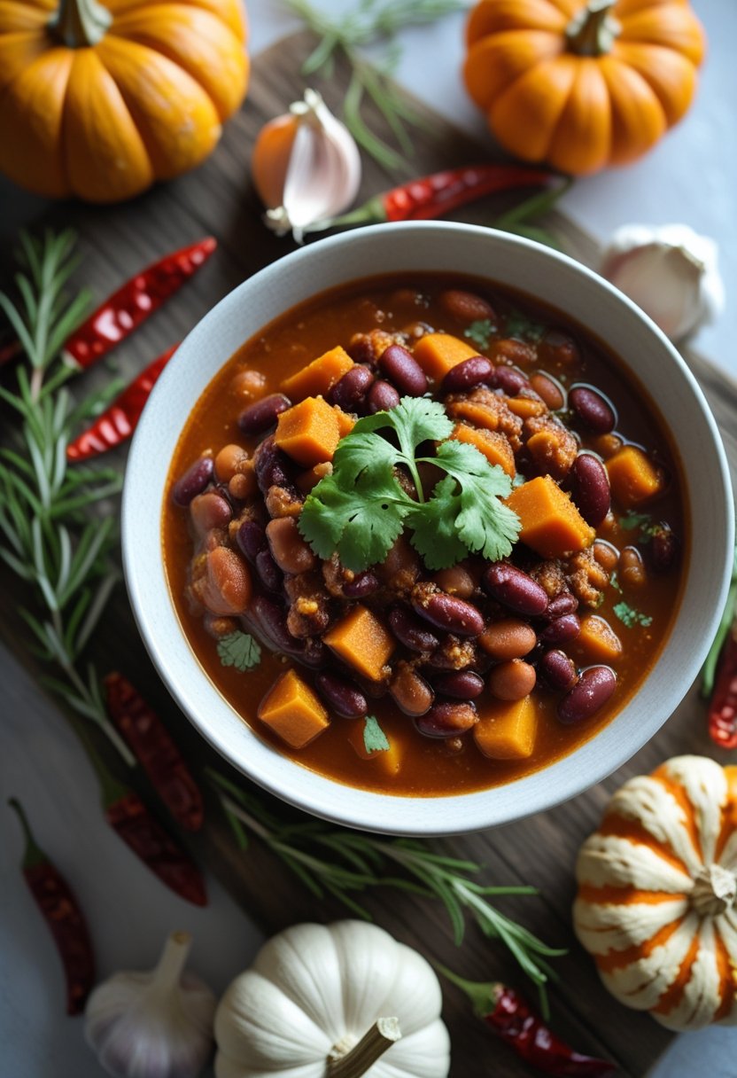 A bowl of slow cooker pumpkin chili on a rustic wood surface surrounded by fresh autumn ingredients.