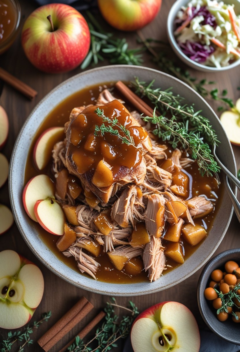 A plate of apple cider pulled pork with fresh apples, herbs, and side dishes on a rustic surface.