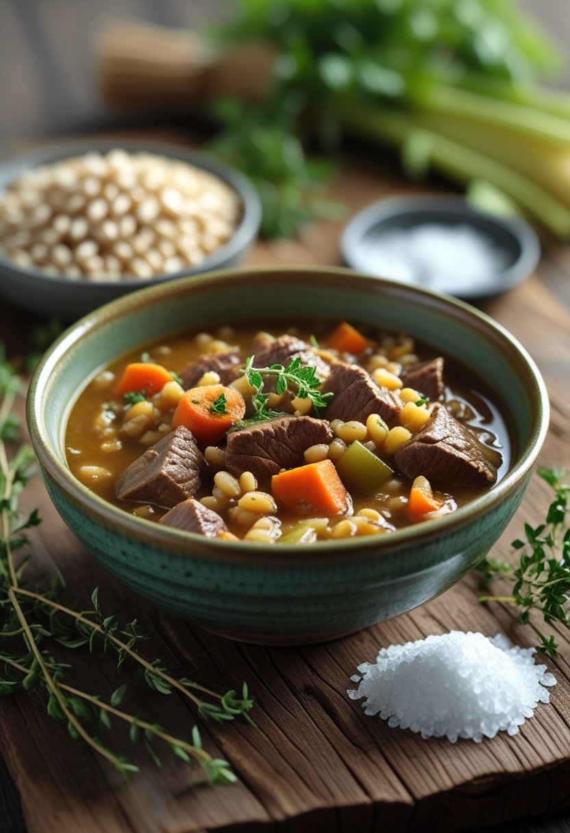 A bowl of beef and barley stew with vegetables on a rustic wooden surface, surrounded by fresh herbs and ingredients.