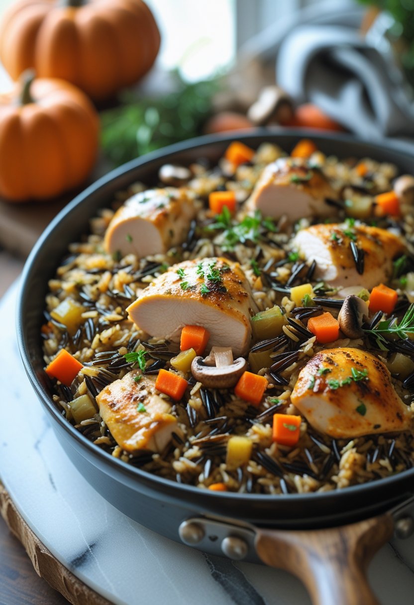 Close-up of a chicken and wild rice casserole with vegetables and herbs on a rustic surface.