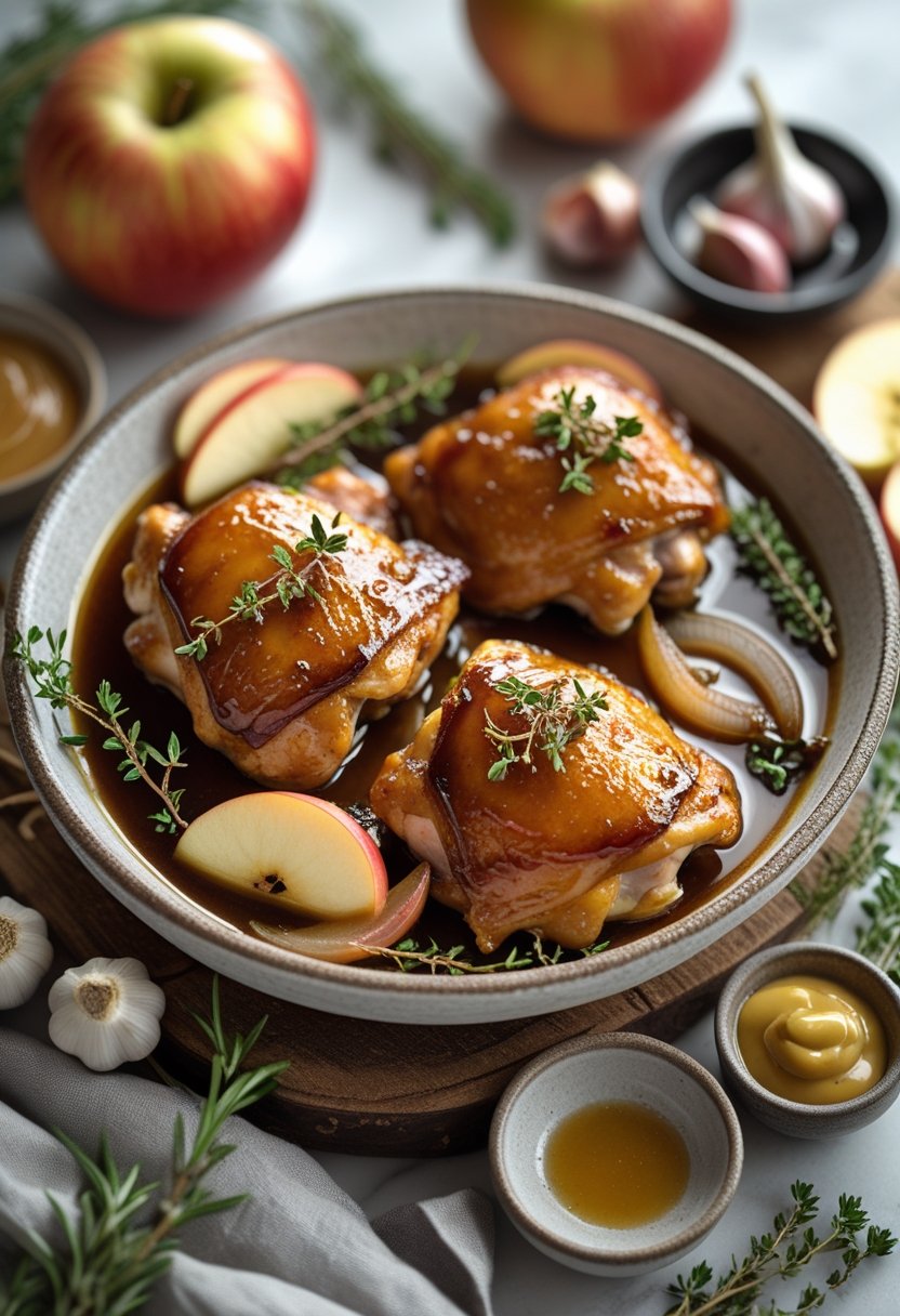 Close-up of glazed maple Dijon chicken thighs garnished with fresh herbs and surrounded by fall ingredients on a rustic surface.