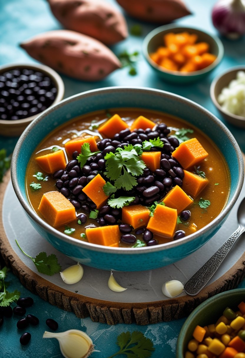 A bowl of sweet potato and black bean stew on a rustic surface surrounded by fresh vegetables and herbs.