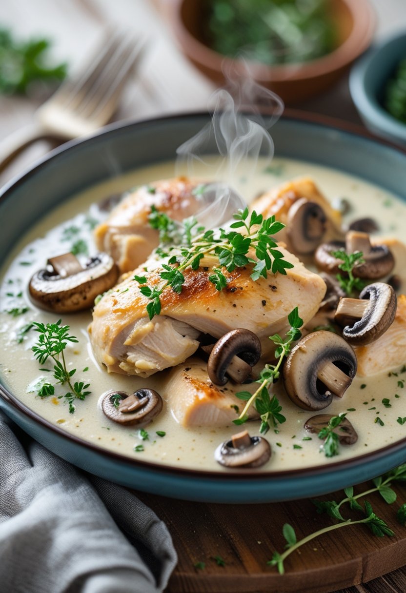 A bowl of creamy mushroom and herb chicken on a rustic wooden surface, garnished with fresh herbs and mushrooms.